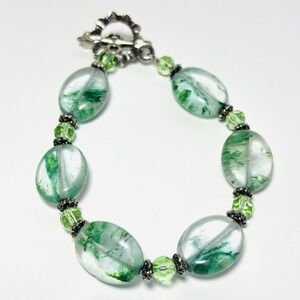 Green Clear Glass Beaded Bracelet Foil Peridot Silver Tone Toggle Clasp 8.5"